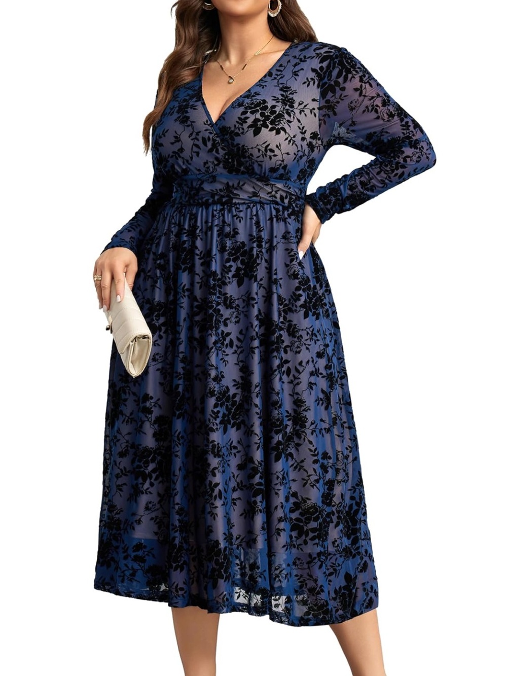 RWJ Navy Blue Burnout Velvet Floral Wrap V Neck Long Sleeve Midi Dress XL